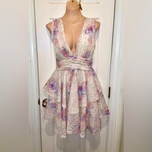 Giani Bini White Pink Purple Eyelet Lace Ruffle Sleeveless Plunge V Neck Dress